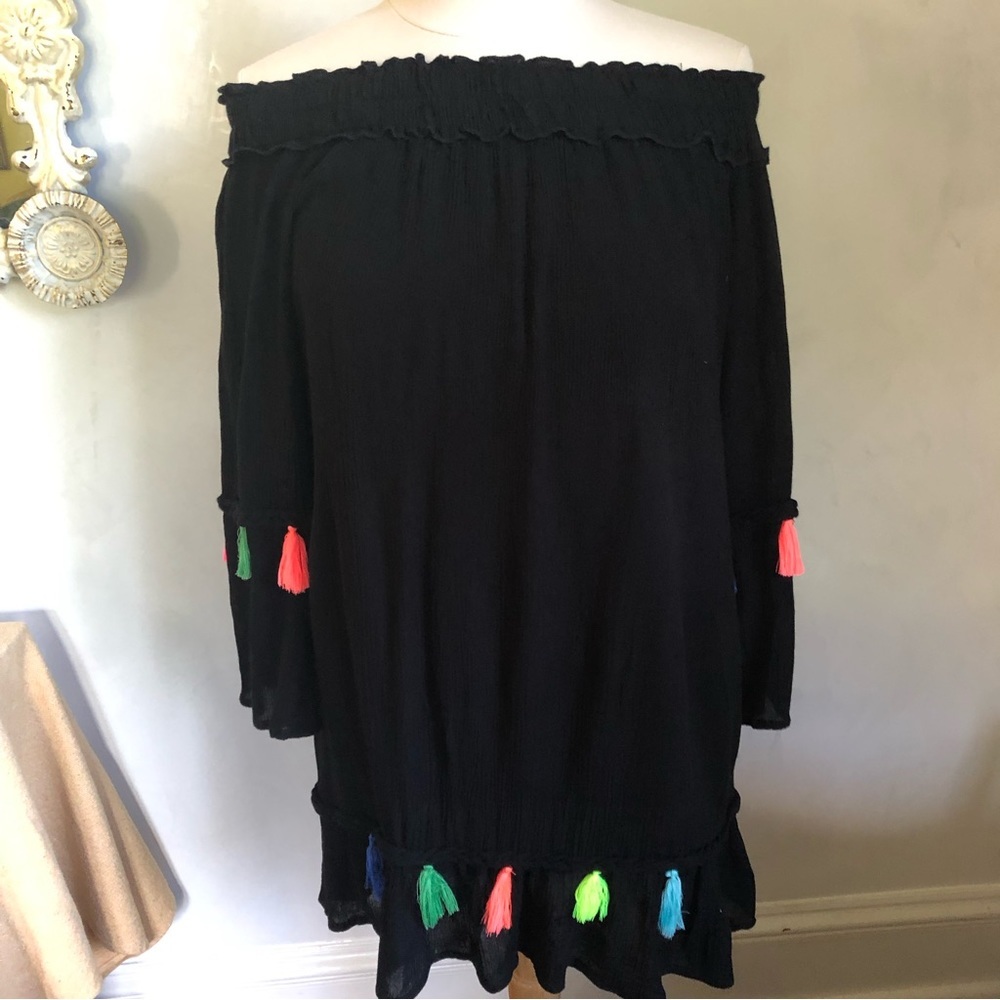 True Destiny beach, bohemian summer black off the shoulder tassel dress - Picture 4 of 16